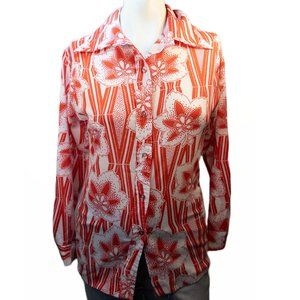 Vintage 70s Pykettes Size Small Shirt Red White Floral Button Up Disco Top